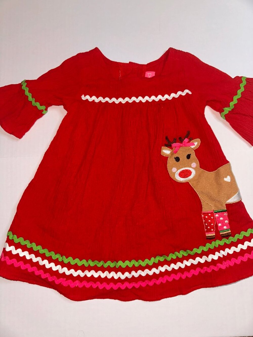 Goodlad Christmas Dress Girl 2T Red Bell Sleeve Comfort Stretch Rudolph #730